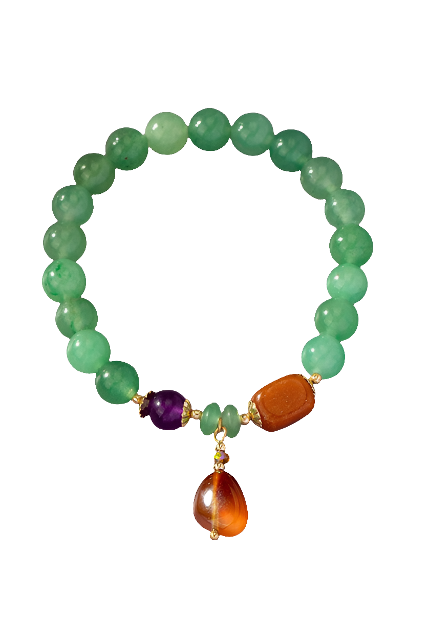 Stretch Green Agate Bracelet Red Charm Drop