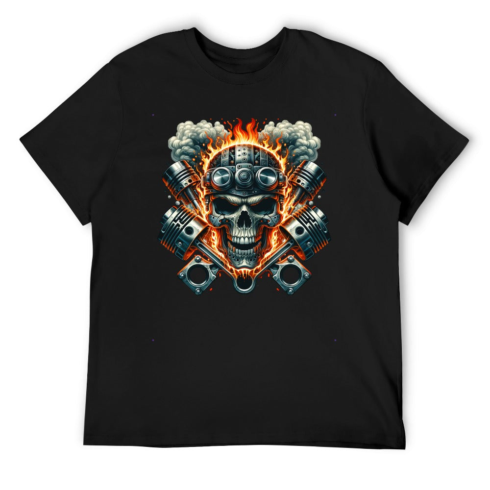 Flaming Skull and Pistons Men's T-shirt 100% Cotton