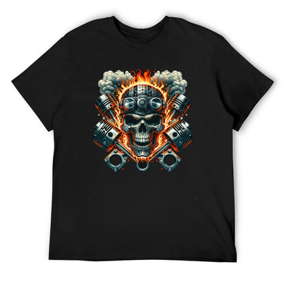 Flaming Skull and Pistons Men's T-shirt 100% Cotton