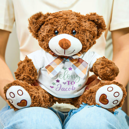 Personalized brown bear plush toy with custom name on shirt, a perfect baby shower gift.