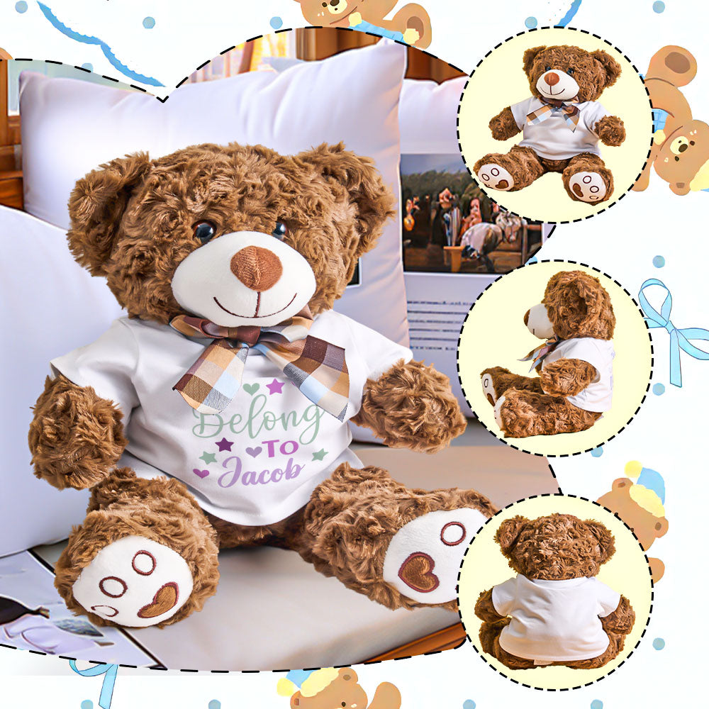 Personalized Brown Bear Plush Toy Baby Shower Gift, Soft & Cuddly Stuffed Animal, Custom Name on Shirt.