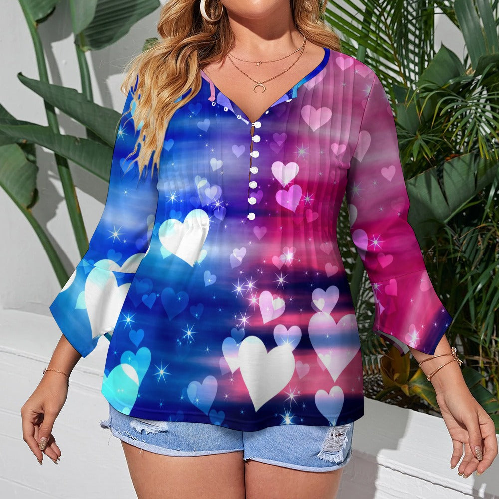 Hearts Print Ruffled Petal Sleeve Top