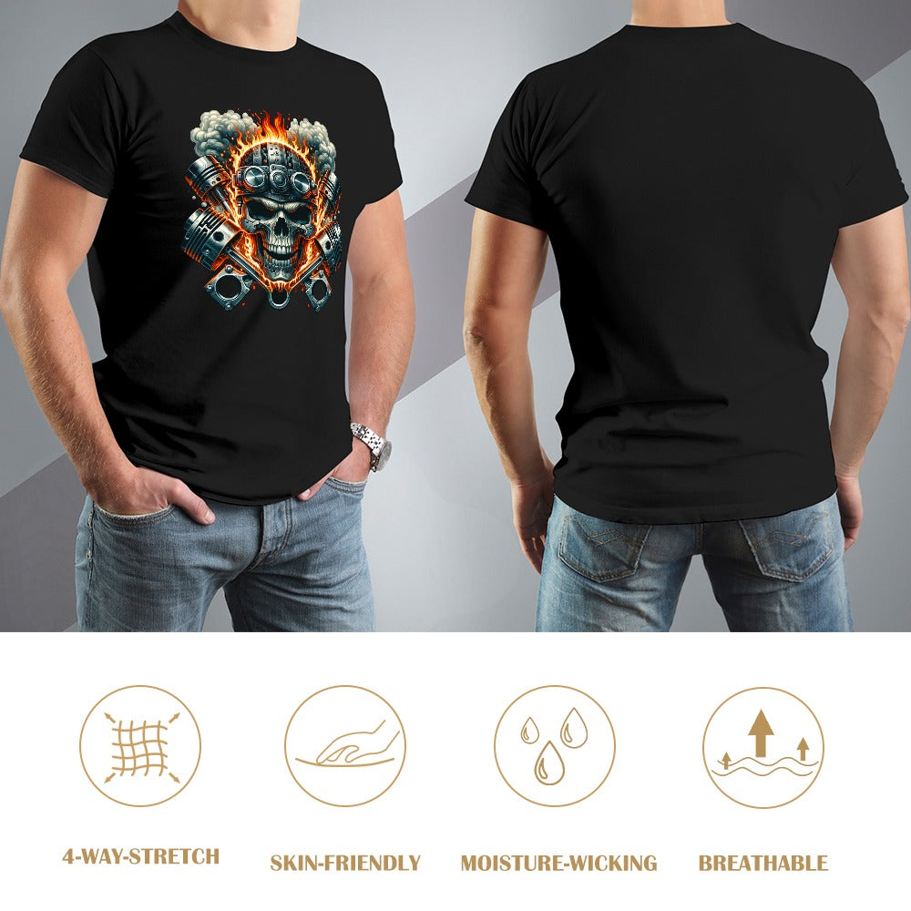 Flaming Skull and Pistons Men's T-shirt 100% Cotton