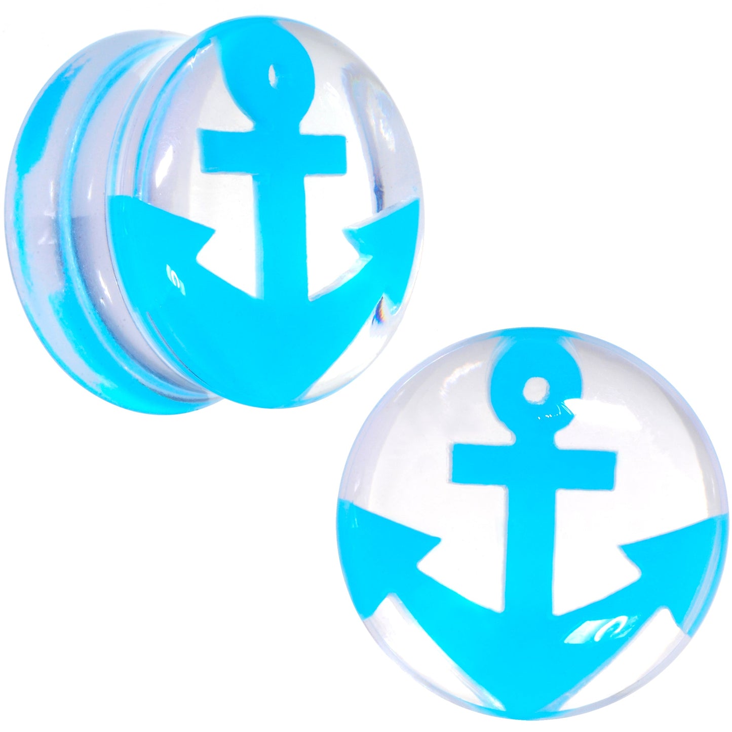 Clear Acrylic Double Flare Blue Turquoise  Anchor Saddle Plug Set 18mm - 20mm