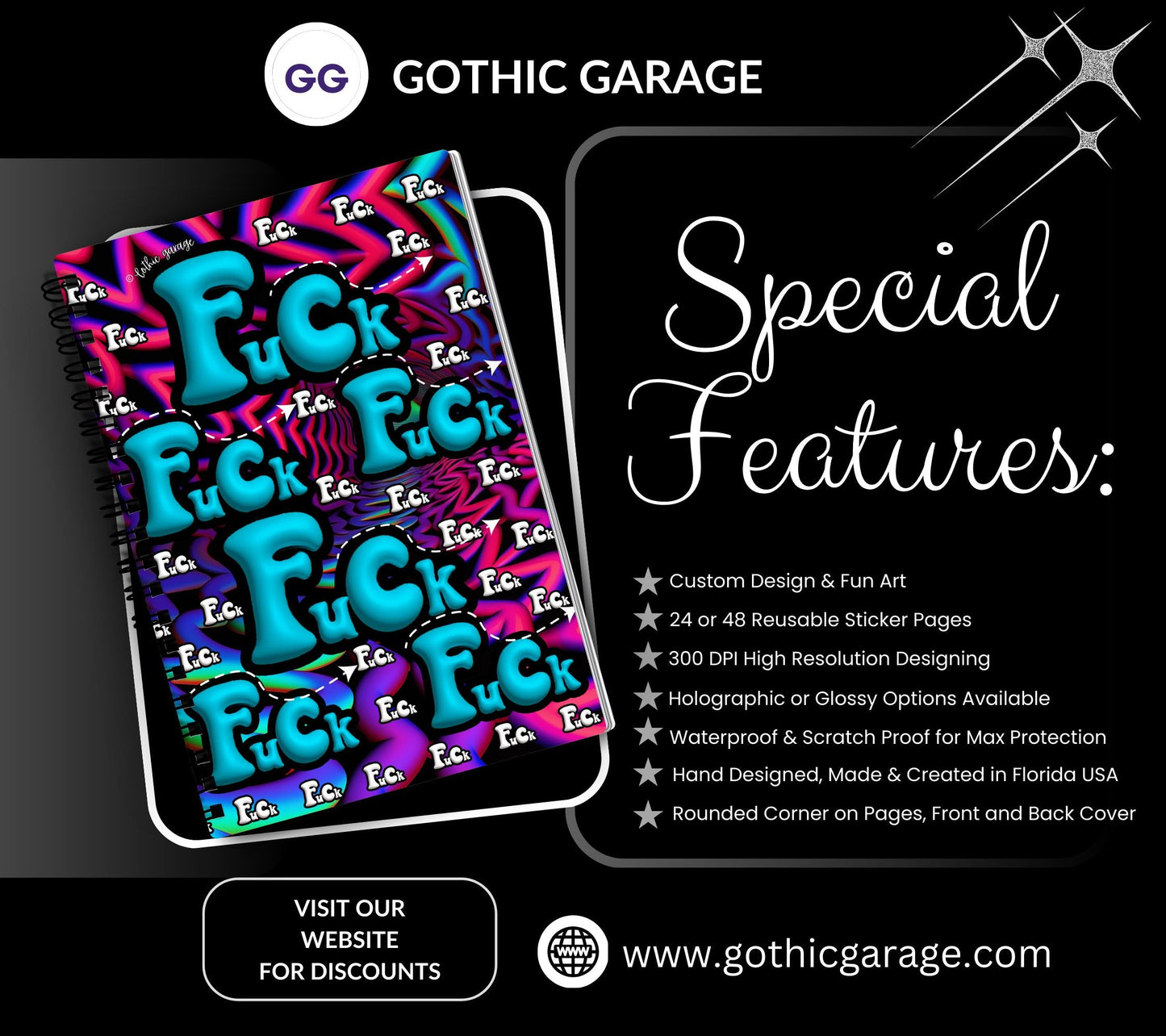 Psychedelic Swear Words Reusable Sticker Book