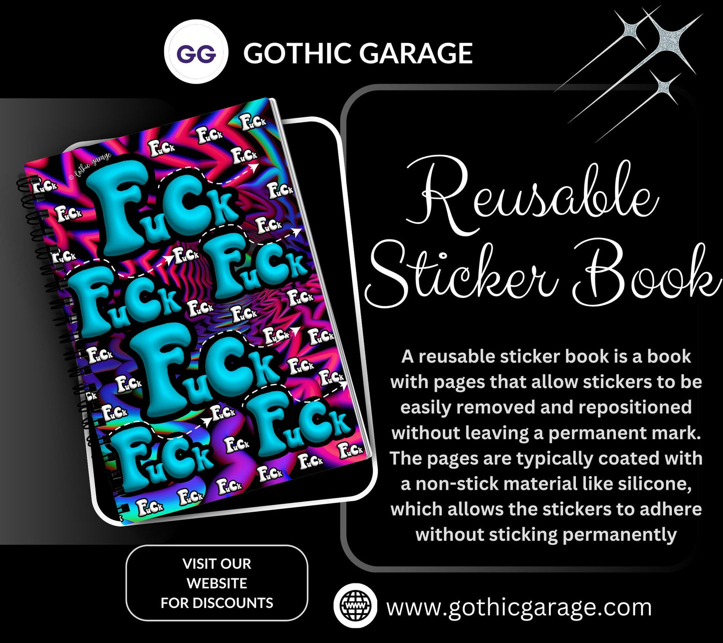 Psychedelic Swear Words Reusable Sticker Book