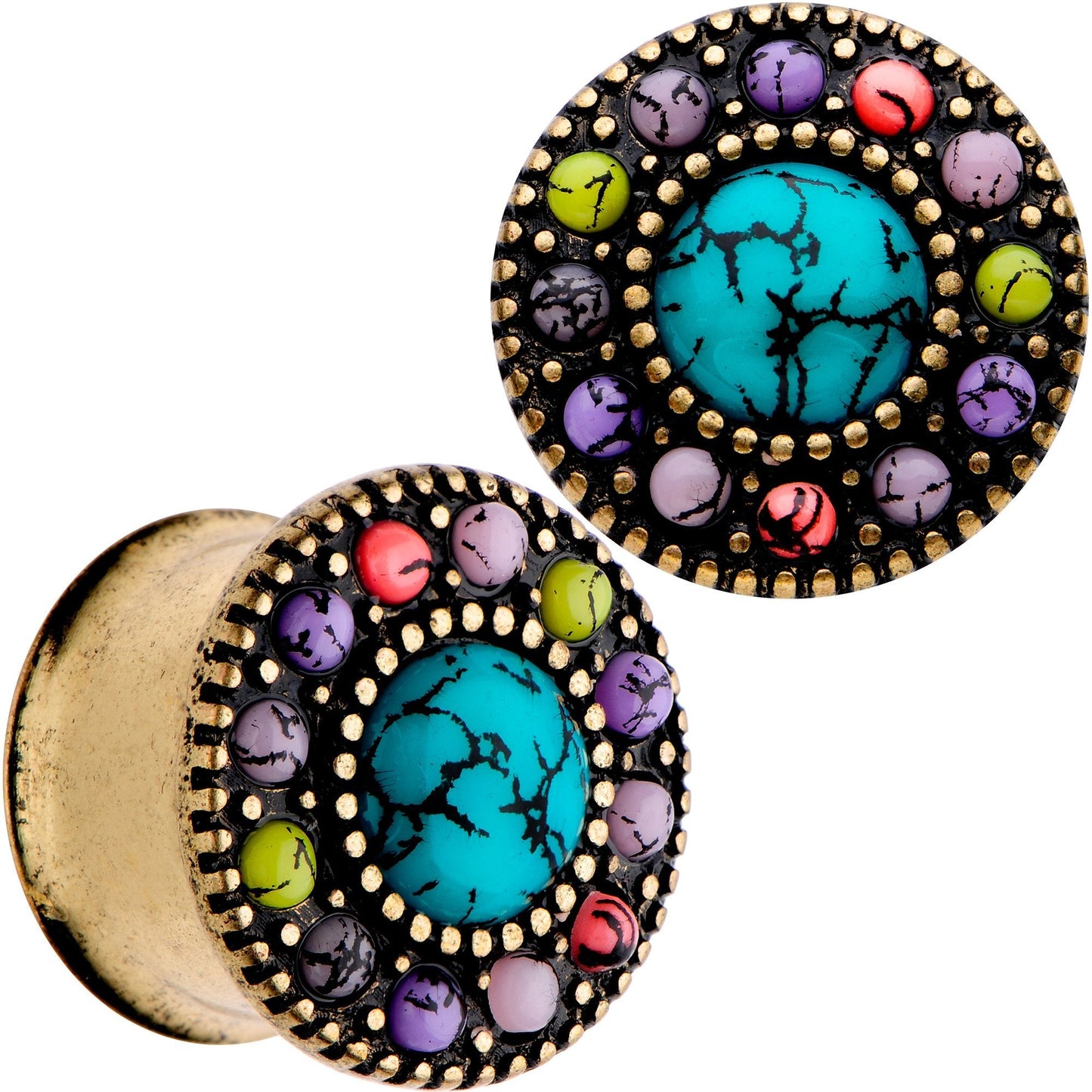 Gold Plated Southwestern Stone Age Double Flare Plug Set 2G to 22mm