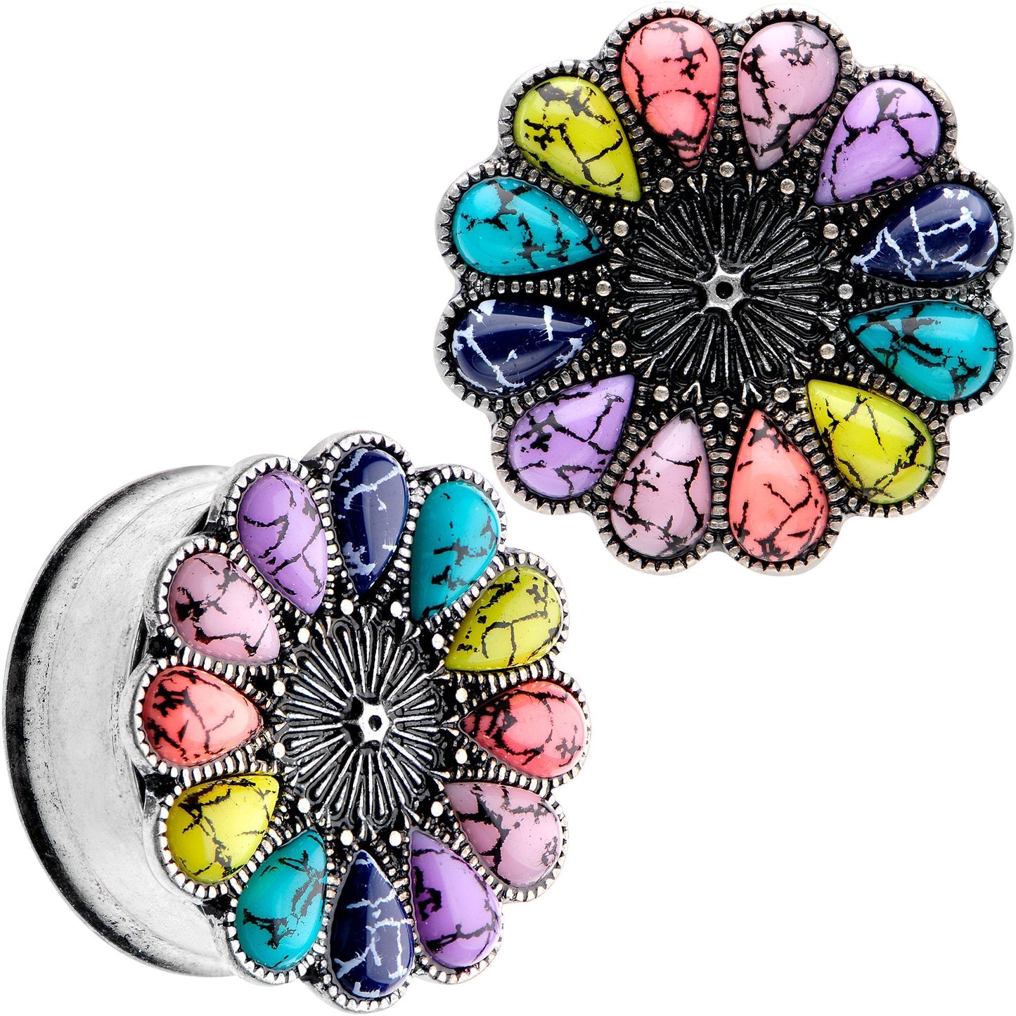 Southwestern Pinwheel Flower Double Flare Plug Set Set 2G to 22mm