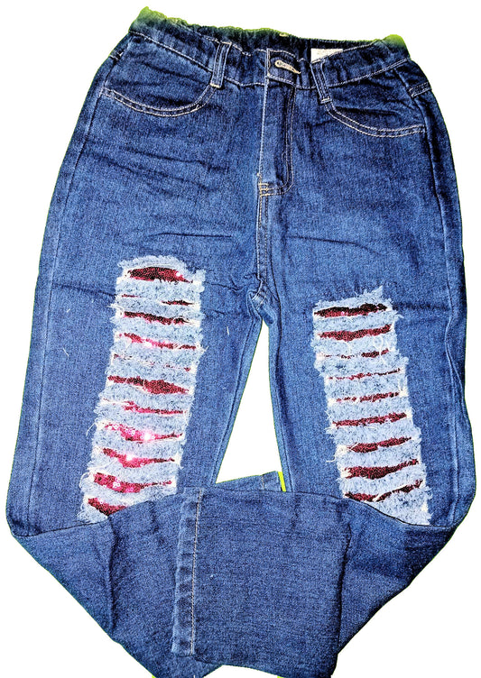 Blue Jeans with Red Sequins in Cutouts