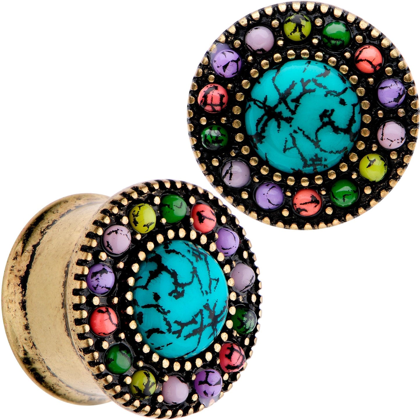 Gold Plated Southwestern Stone Age Double Flare Plug Set 2G to 22mm