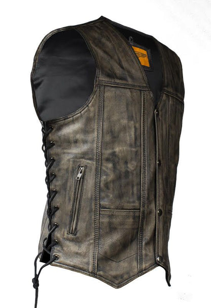 Men's Distressed Brown Motorcycle Vest With 10 Pockets Side Laces