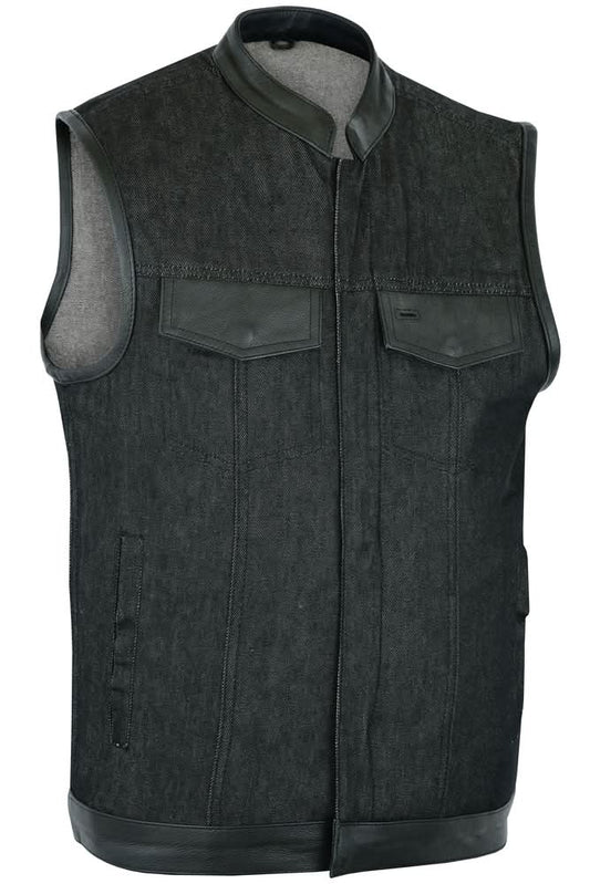 Men's Upgraded Rough Rub-Off Denim Motorcycle Vest w/Leather Trim