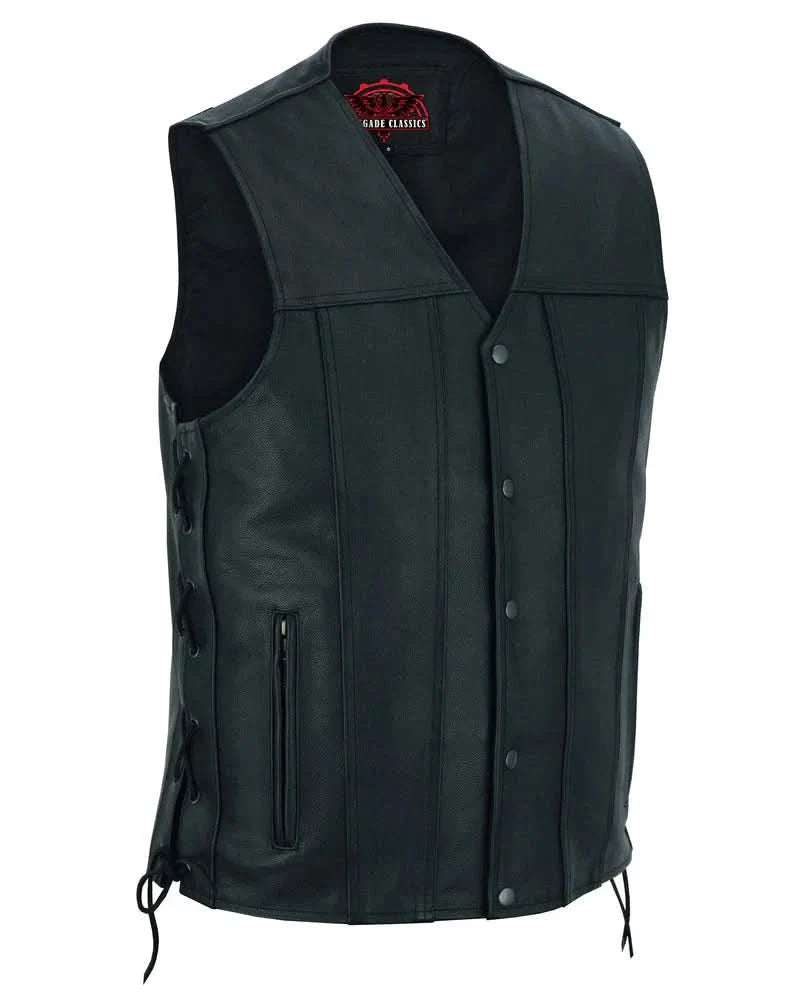 Men's Tall Classic Tapered Bottom Biker Leather Vest- Black