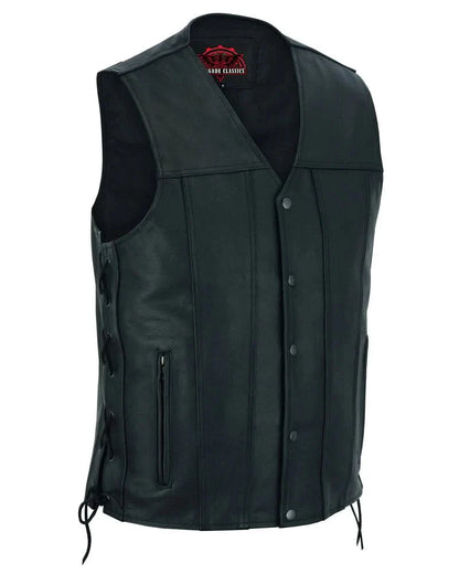 Men's Tall Classic Tapered Bottom Biker Leather Vest- Black