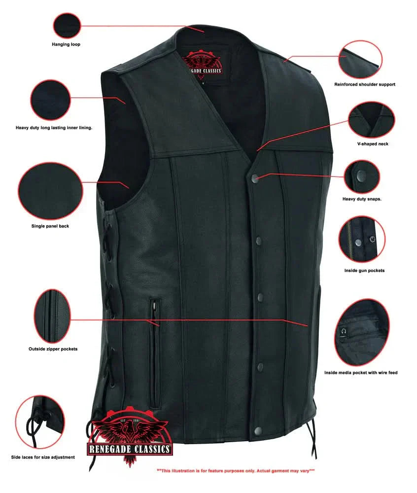 Men's Tall Classic Tapered Bottom Biker Leather Vest- Black