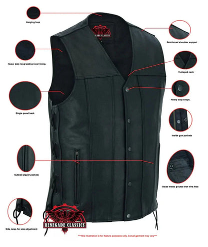 Men's Tall Classic Tapered Bottom Biker Leather Vest- Black