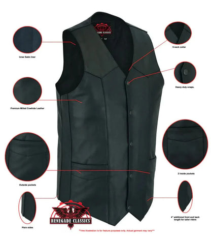 Men's Tall Classic Motorcycle Leather Vest - Black