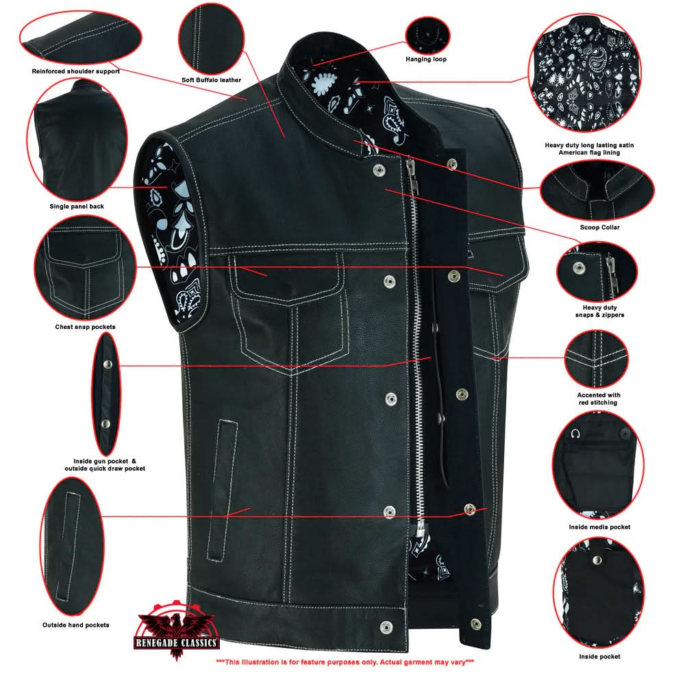 Men's Paisley Black Leather Motorcycle Vest with White Stitching