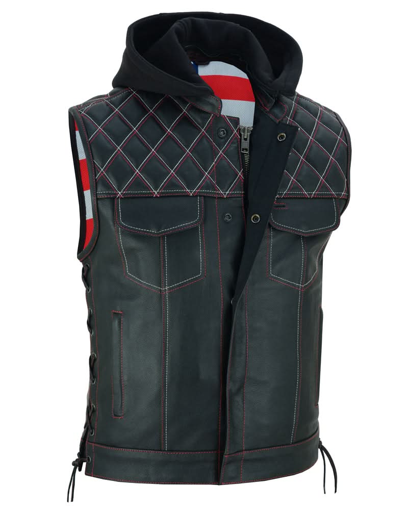 Men's Road Edge Leather Black Vest – Removable Hood