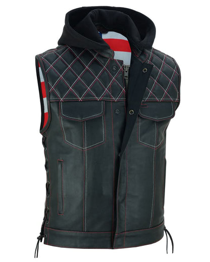 Men's Road Edge Leather Black Vest – Removable Hood