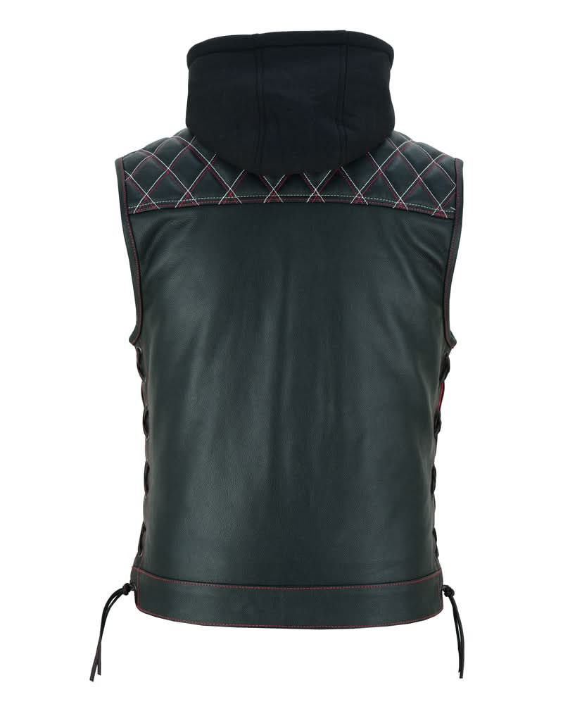 Men's Road Edge Leather Black Vest – Removable Hood