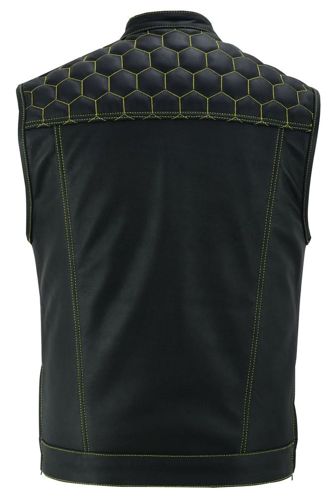 Men's Gold Rush Black Leather Vest - Yellow Stitching
