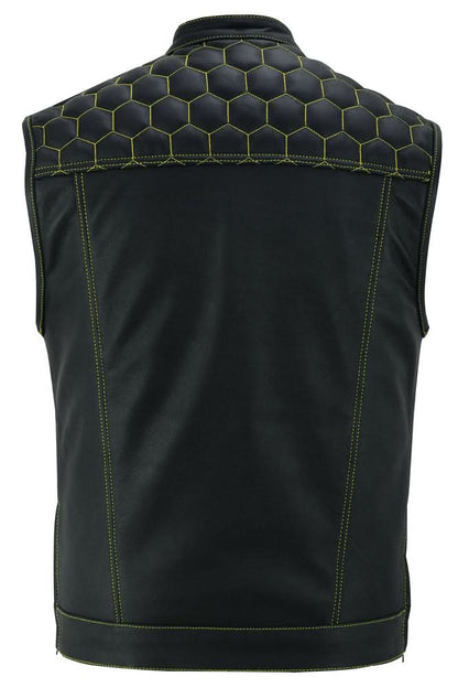 Men's Gold Rush Black Leather Vest - Yellow Stitching