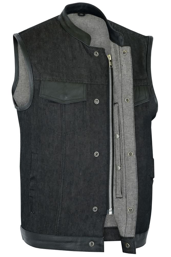 Men's Upgraded Rough Rub-Off Denim Motorcycle Vest w/Leather Trim