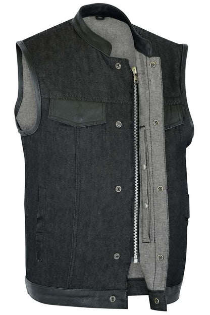 Men's Upgraded Rough Rub-Off Denim Motorcycle Vest w/Leather Trim