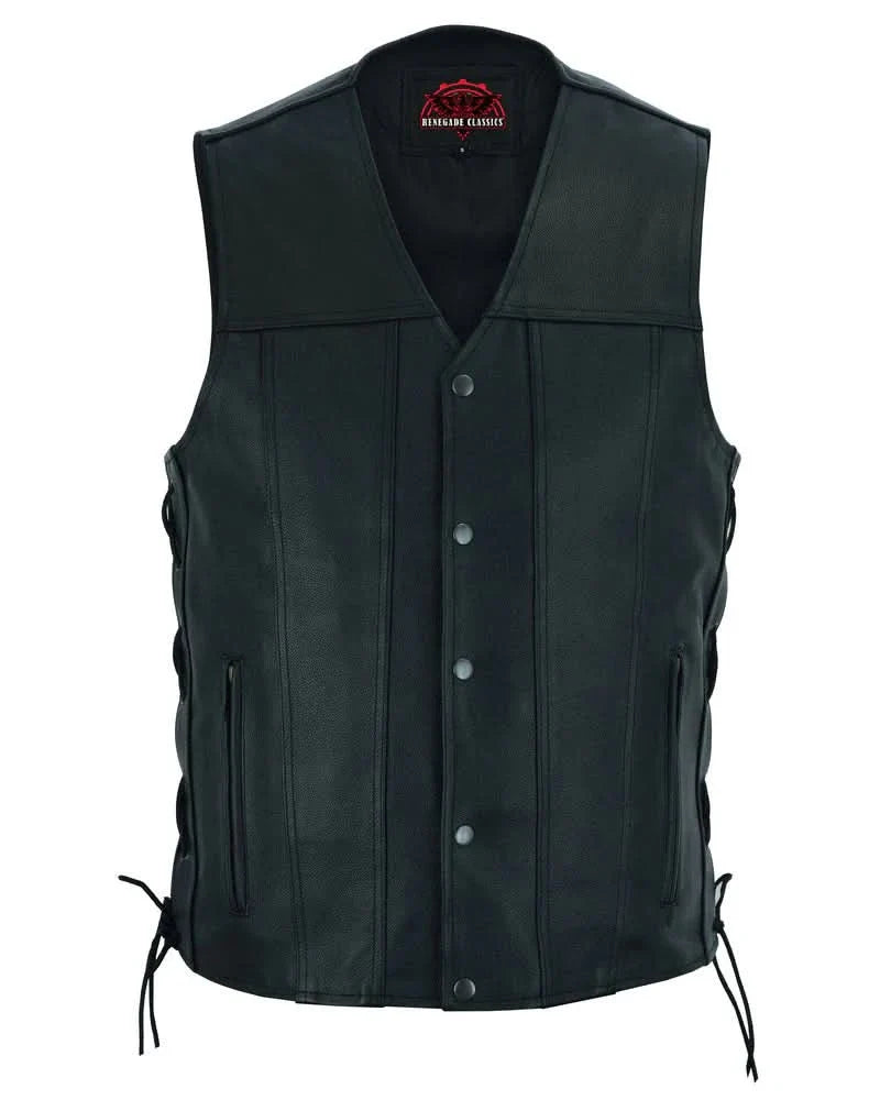 Men's Tall Classic Tapered Bottom Biker Leather Vest- Black