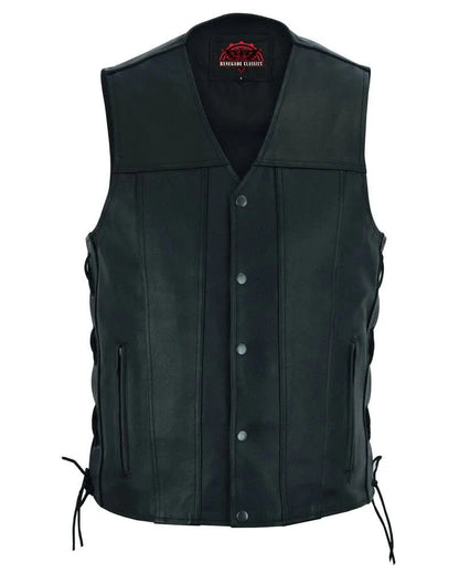 Men's Tall Classic Tapered Bottom Biker Leather Vest- Black