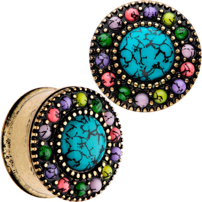 Gold Plated Southwestern Stone Age Double Flare Plug Set 2G to 22mm