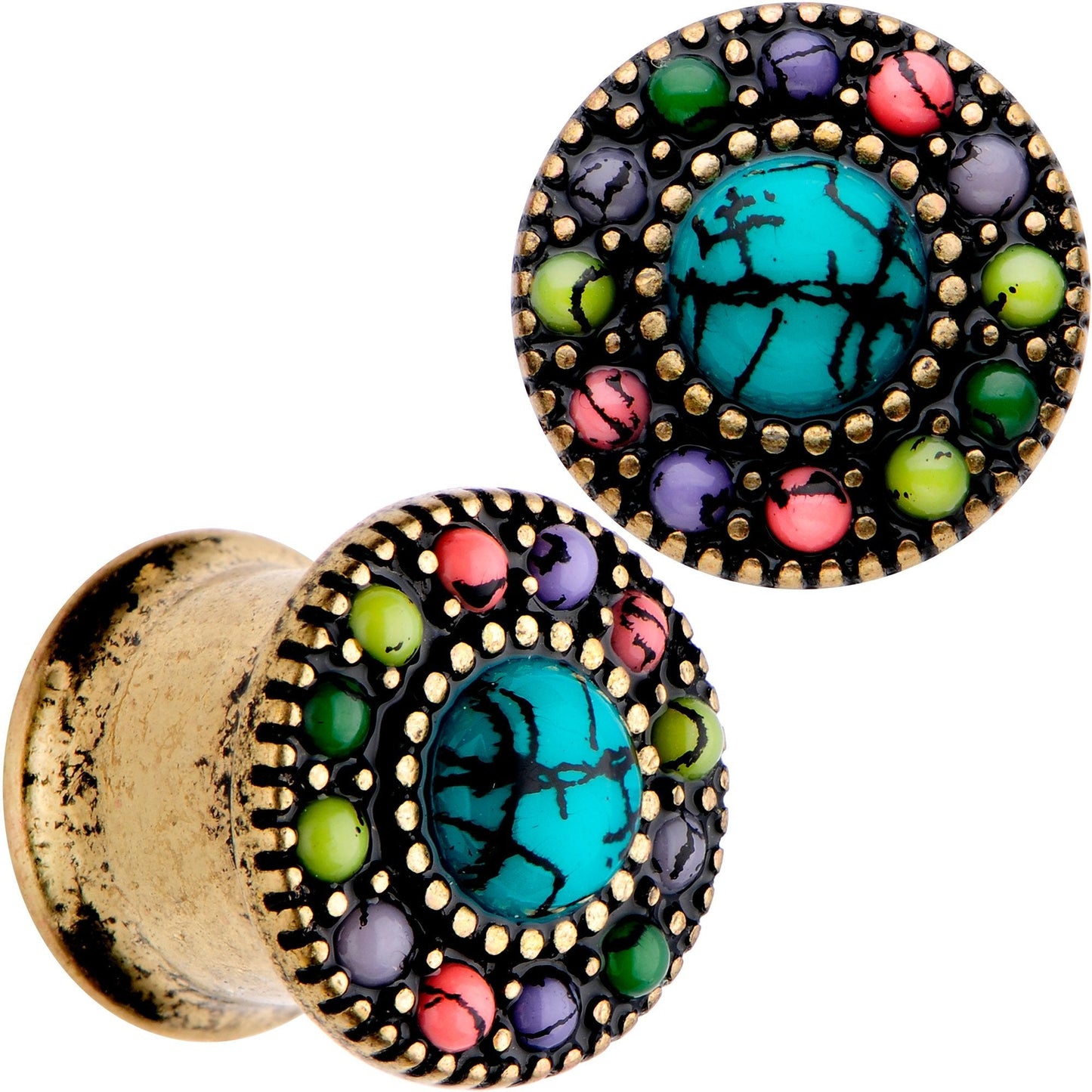 Gold Plated Southwestern Stone Age Double Flare Plug Set 2G to 22mm