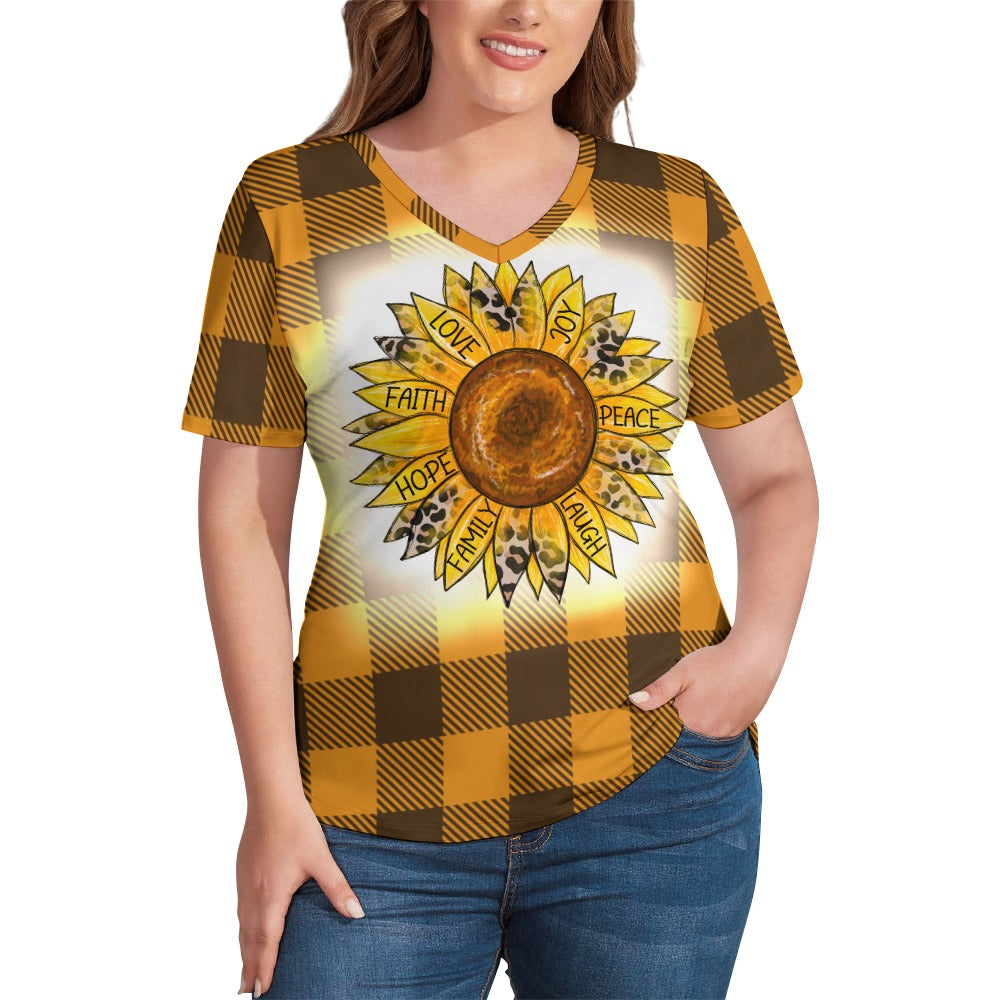 Buffalo Plaid Sunflower V-Neck Loose Short Sleeve T-Shirt
