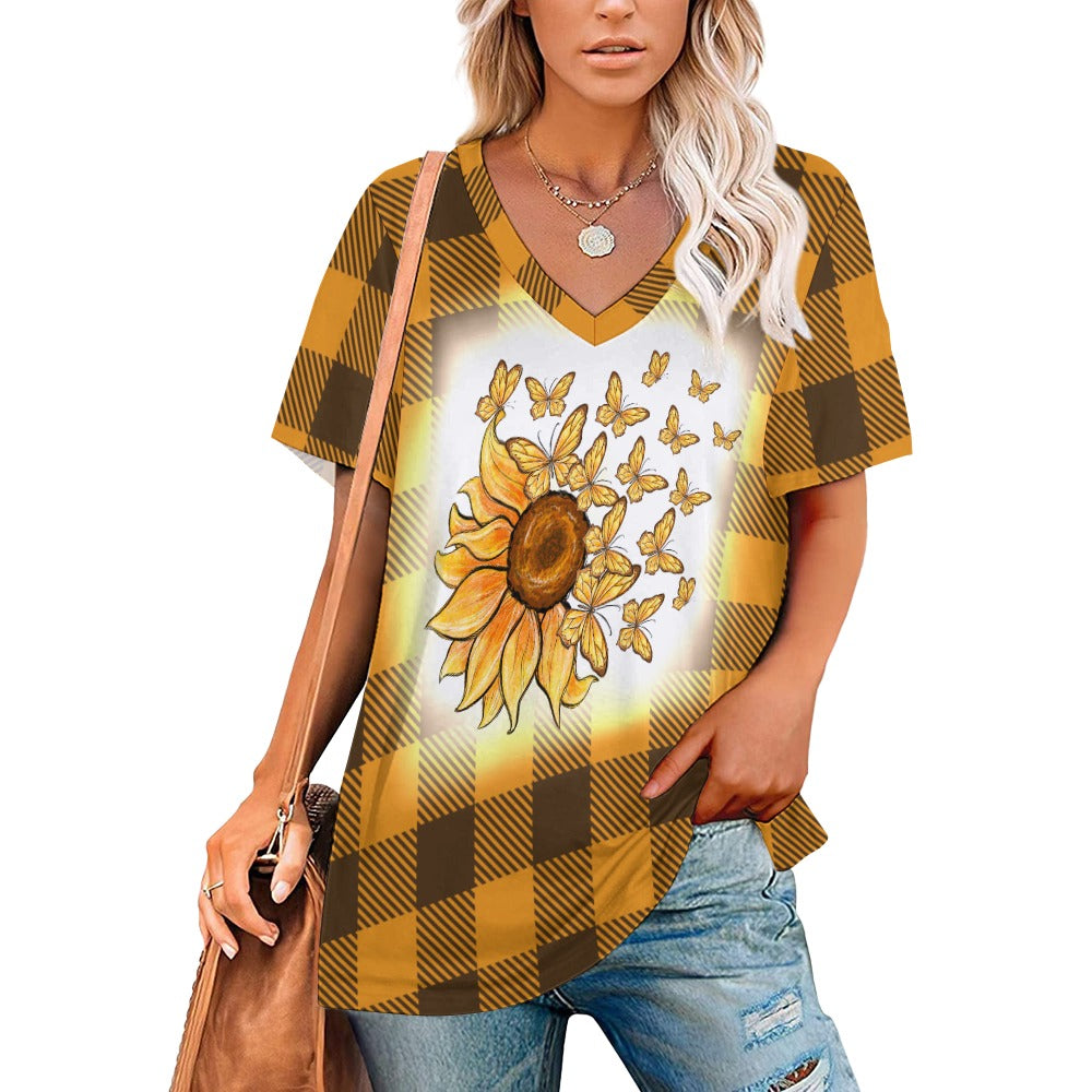 Buffalo Plaid  Sunflowers and Butterflies V-Neck Loose Short Sleeve T-Shirt