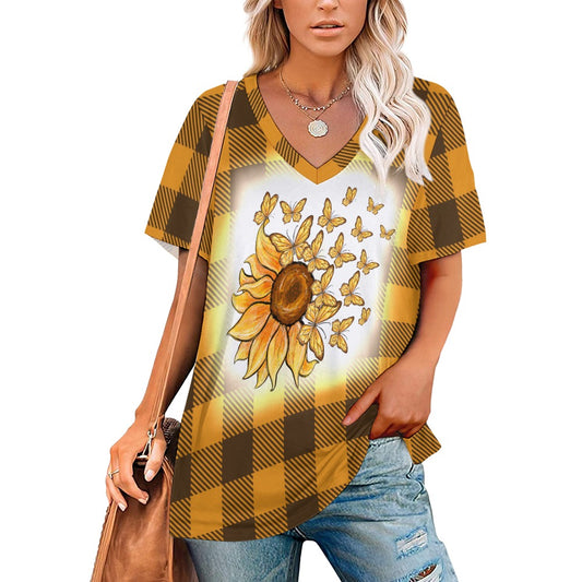 Buffalo Plaid  Sunflowers and Butterflies V-Neck Loose Short Sleeve T-Shirt