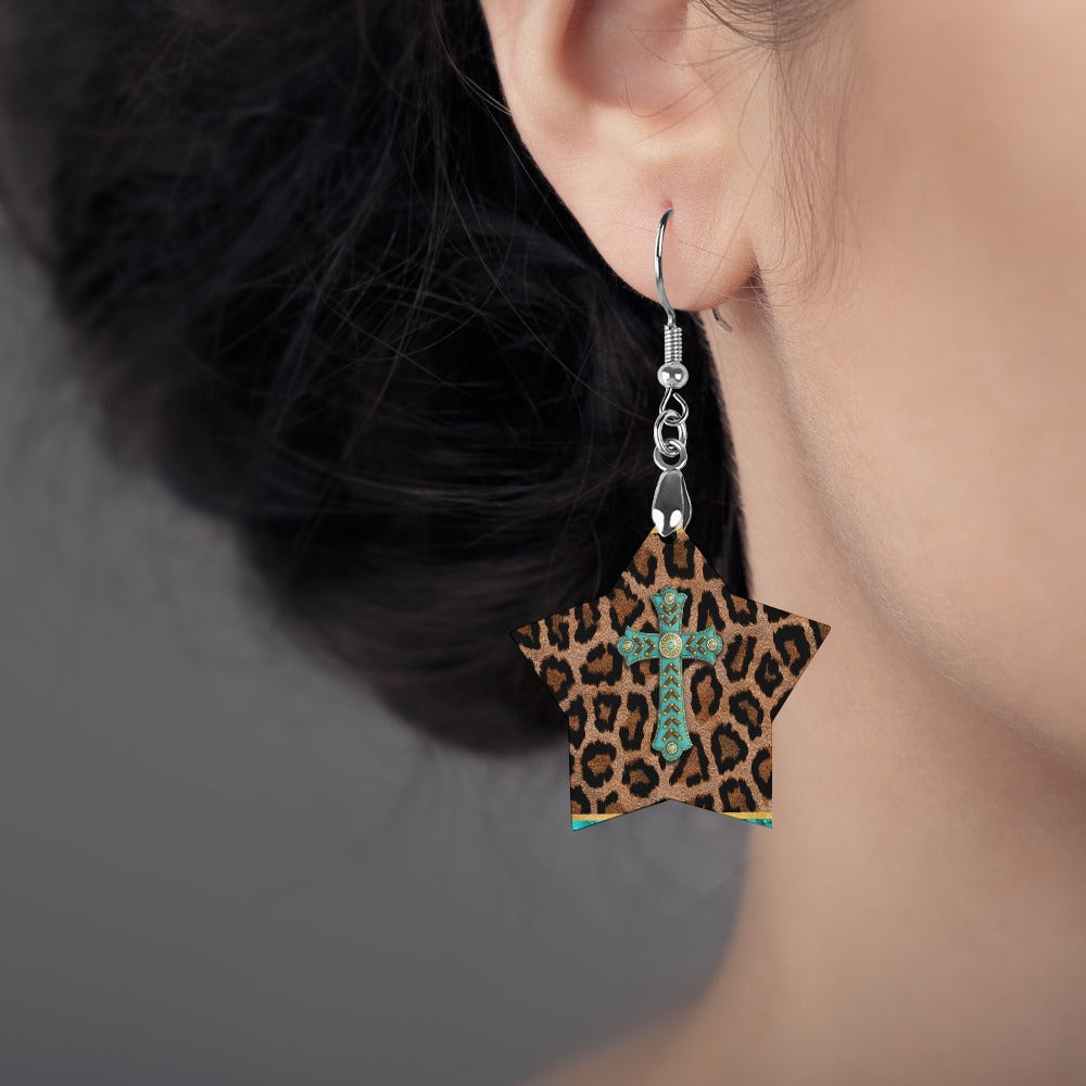 Wooden Cross Leopard Earrings