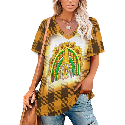 Buffalo Plaid  Gnome Sunflower Rainbow V-Neck Loose Short Sleeve T-Shirt
