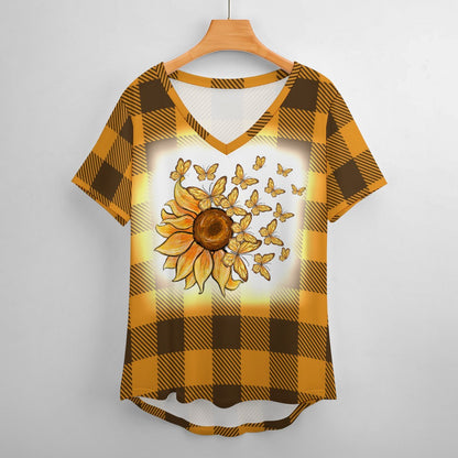 Buffalo Plaid  Sunflowers and Butterflies V-Neck Loose Short Sleeve T-Shirt