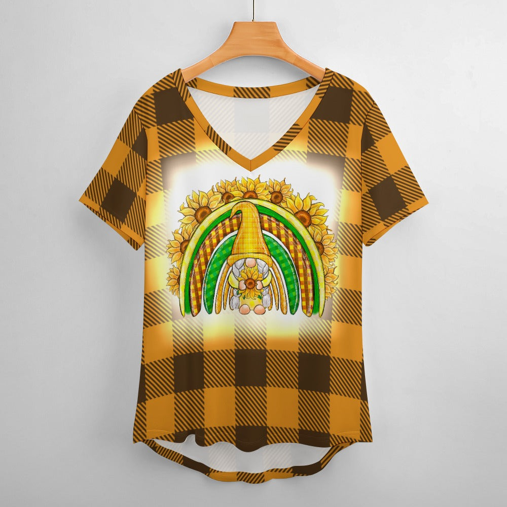 Buffalo Plaid  Gnome Sunflower Rainbow V-Neck Loose Short Sleeve T-Shirt