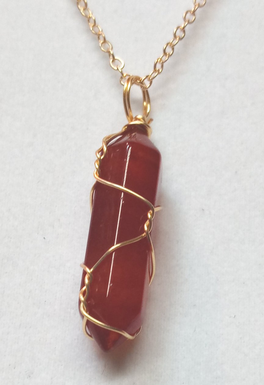 Wrapped Carnelian Pendant on Gold Chain Necklace