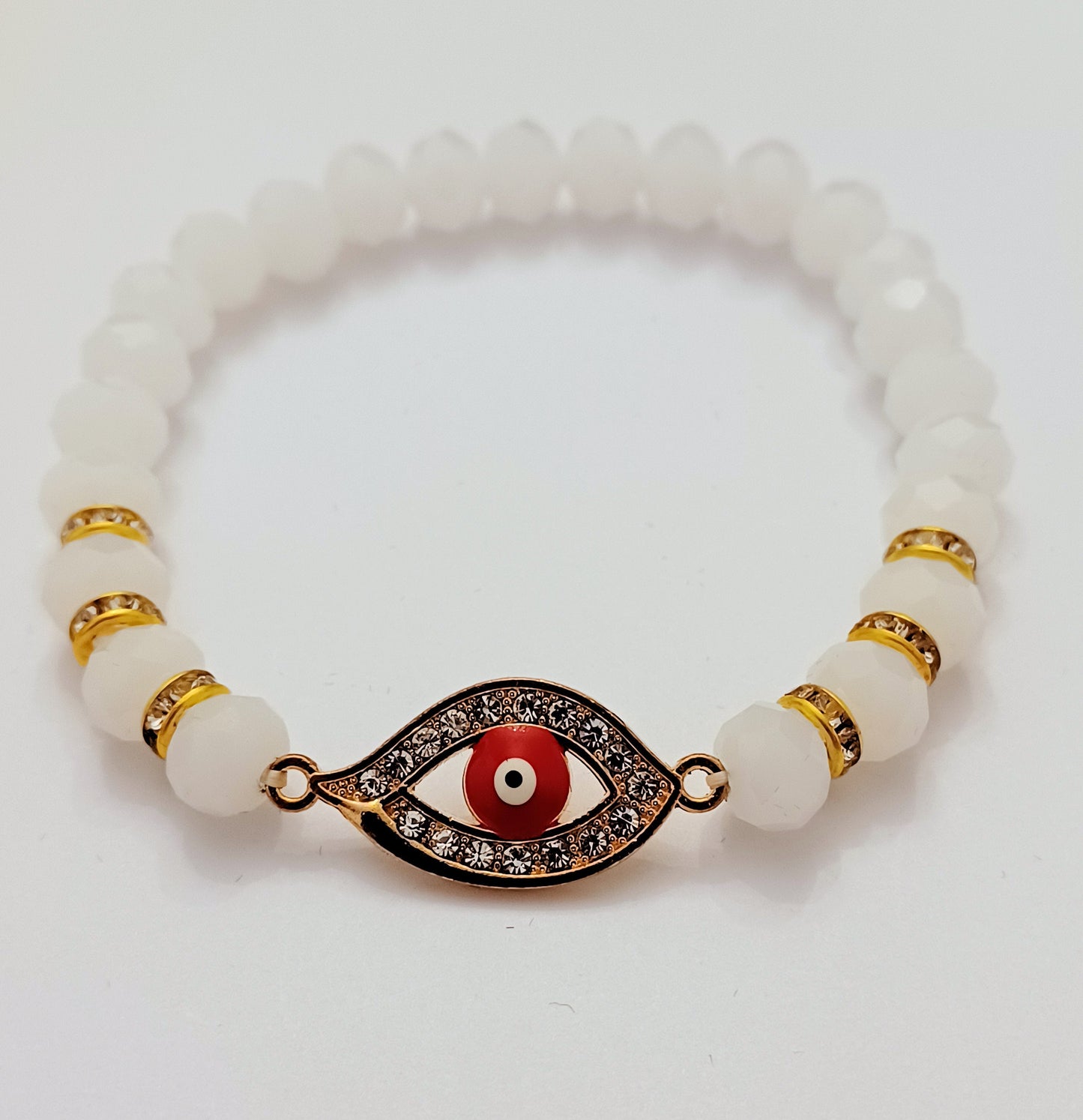 Evil Eye White Beads with Rhinestone Spacers Bracelet