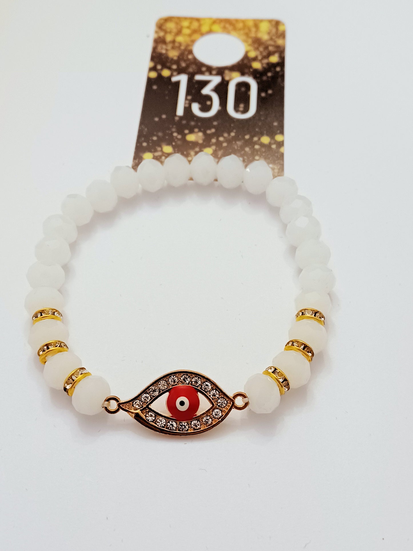Evil Eye White Beads with Rhinestone Spacers Bracelet