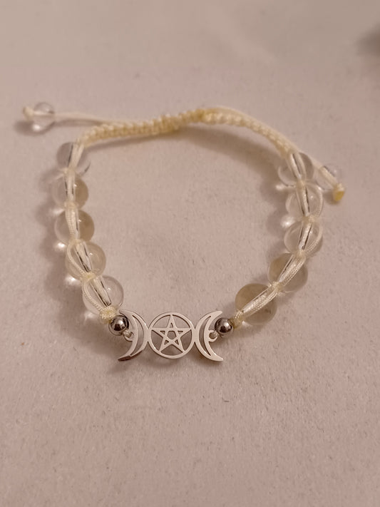 Clear Quartz Triple Moon Natural Stone Adjustable Bracelet