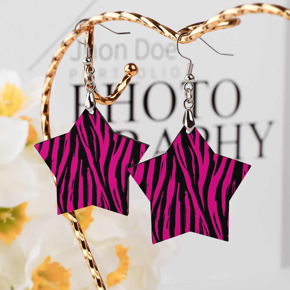 Wooden Pink Zebra Striped Earrings