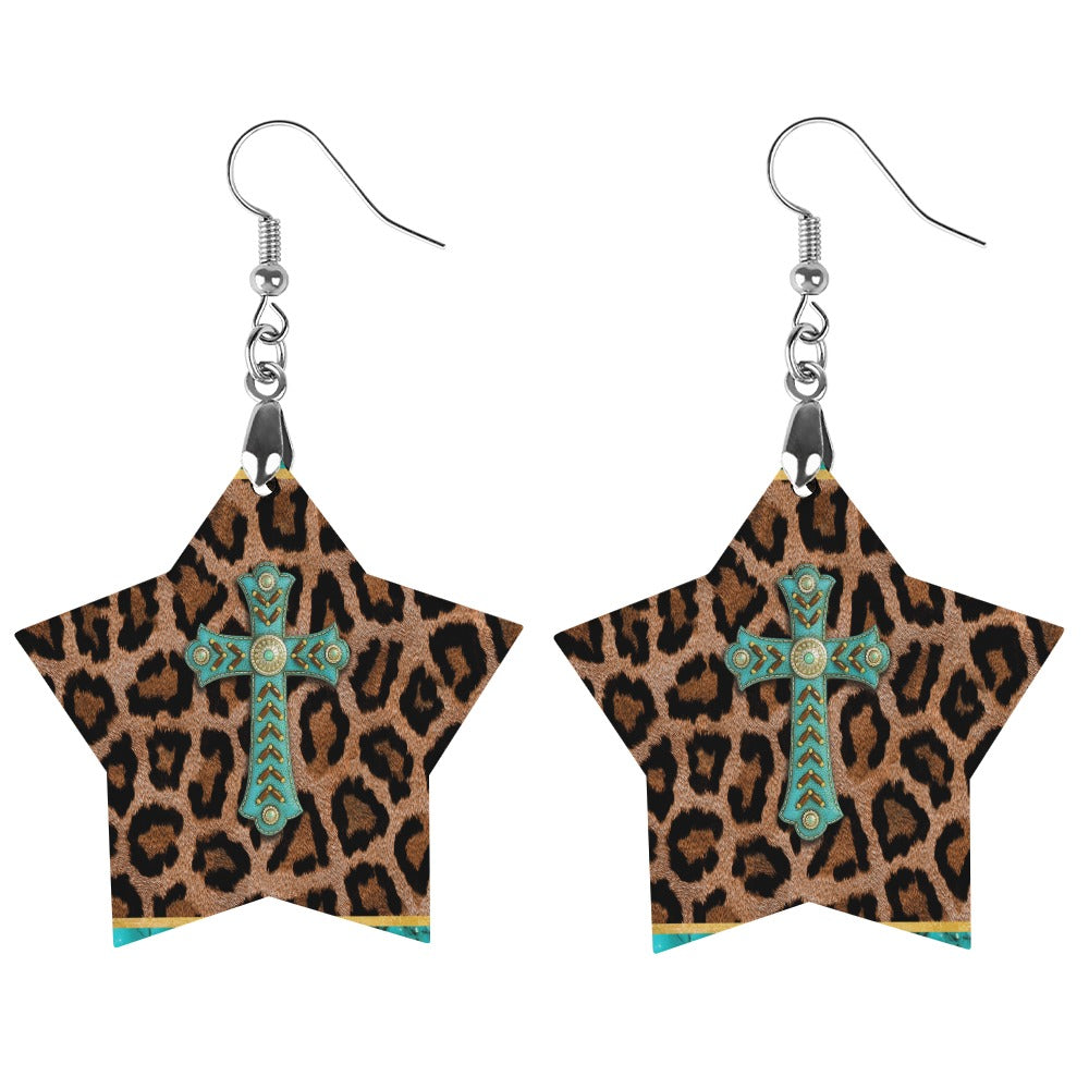 Wooden Cross Leopard Earrings