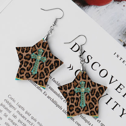 Wooden Cross Leopard Earrings