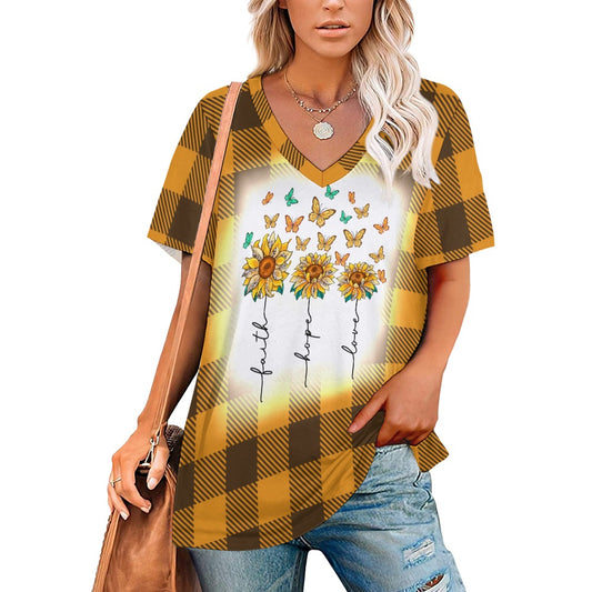 Buffalo Plaid  Faith Hope Love V-Neck Loose Short Sleeve T-Shirt