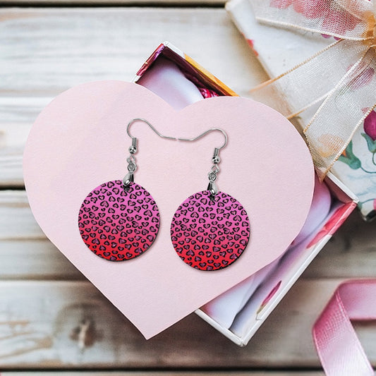 Wooden Pink Leopard Hearts Earrings