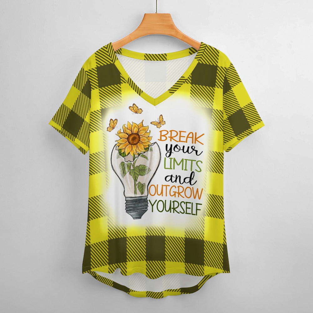 Buffalo Plaid Break Your Limits Sunflower V-Neck Loose Short Sleeve T-Shirt